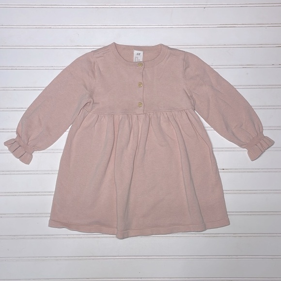 H&M EUC 100% Cotton Blush Dusty Rose Knit Long Sleeve Ruffle Sweater Dress - Picture 1 of 1